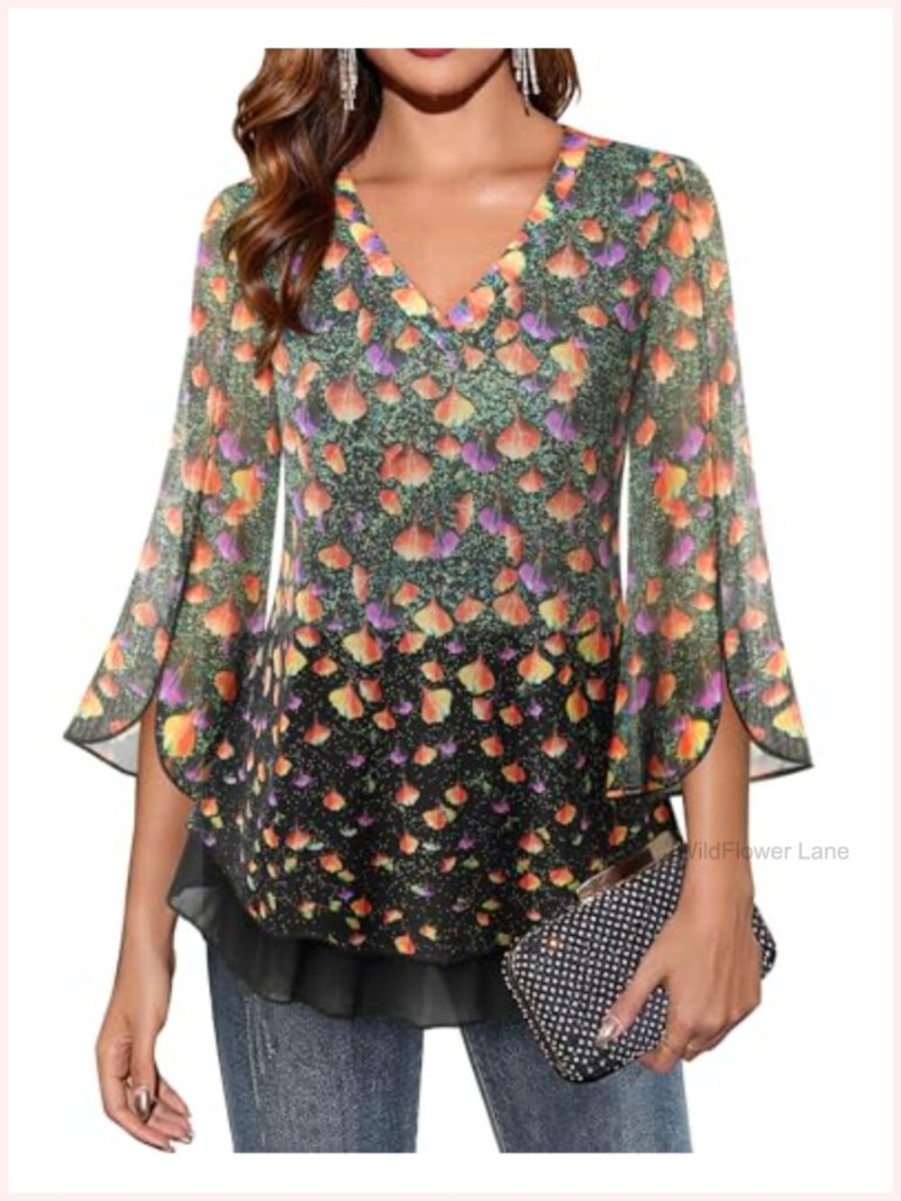 Womens Floral Mesh Blouse 3/4 Sleeve Split Sleeve V-Neck Peasant Top
